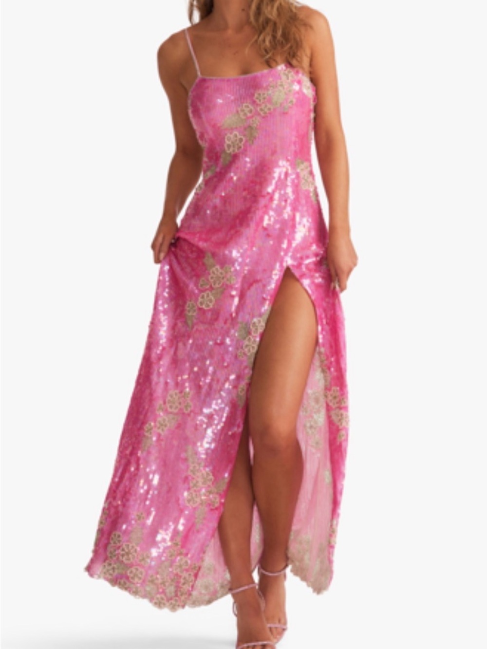 LoveShackFancy Alida Pink Sequin Floral Maxi Dress with High Slit